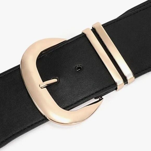 Women Wide Elastic Waist Belt for Dresses Fashion Gold Buckle Stretchy Leather - Picture 4 of 7